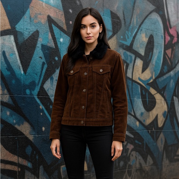 Kim Rogers Jackets & Blazers - Y2K Barn Trucker Brown Corduroy Jacket with Black Faux Fur Collar Size XL